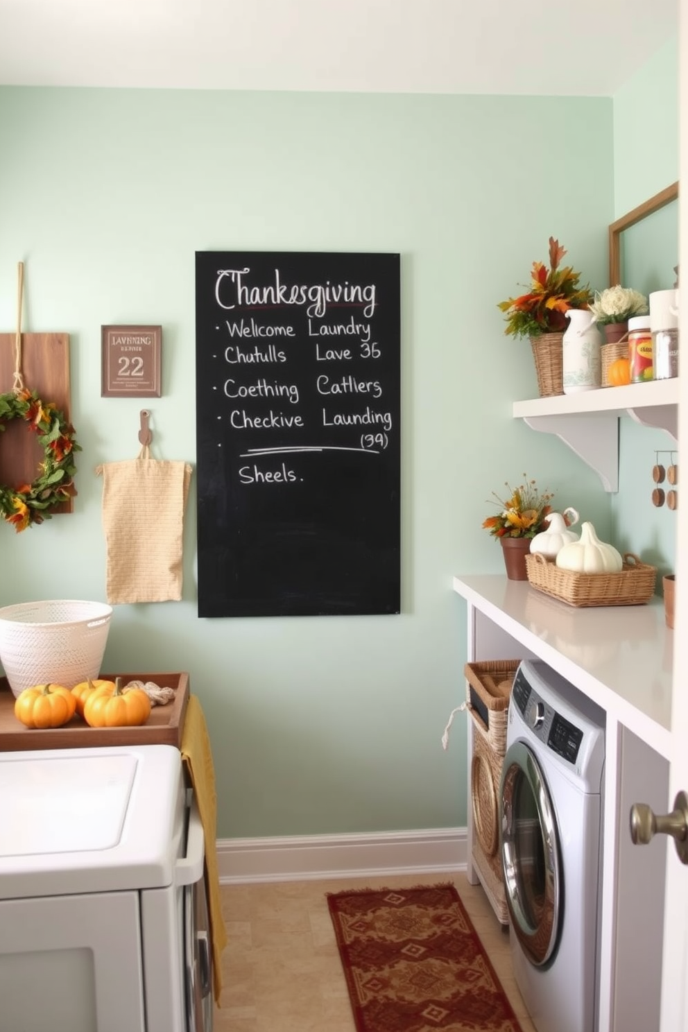 A charming laundry room features a large chalkboard mounted on the wall for leaving messages and reminders. The space is bright and inviting with cheerful colors and decorative accents that reflect the Thanksgiving theme. The laundry room is adorned with seasonal decorations such as small pumpkins and autumn leaves. Cozy touches like a soft rug and wicker baskets add warmth and functionality to the space.