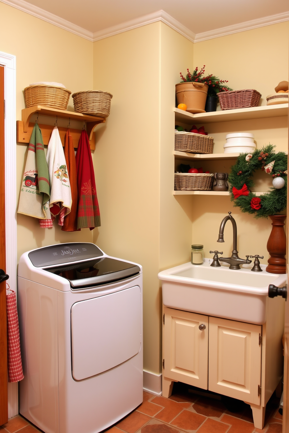 A cozy laundry room with seasonal dish towels hanging decoratively on a wooden rack. The walls are painted in a warm cream color, and the floor features rustic terracotta tiles. A large farmhouse sink sits against one wall, complemented by a vintage faucet. Shelves above the sink are filled with neatly arranged baskets and seasonal decorations, creating a festive atmosphere.