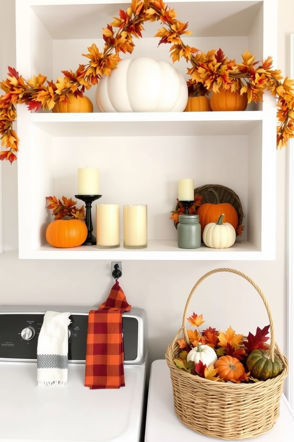 Autumnal garland draped across shelves. The shelves are adorned with pumpkins and candles, creating a warm and inviting atmosphere. Thanksgiving laundry room decorating ideas. Incorporate festive towels and a decorative basket filled with fall-themed accessories for a cozy touch.