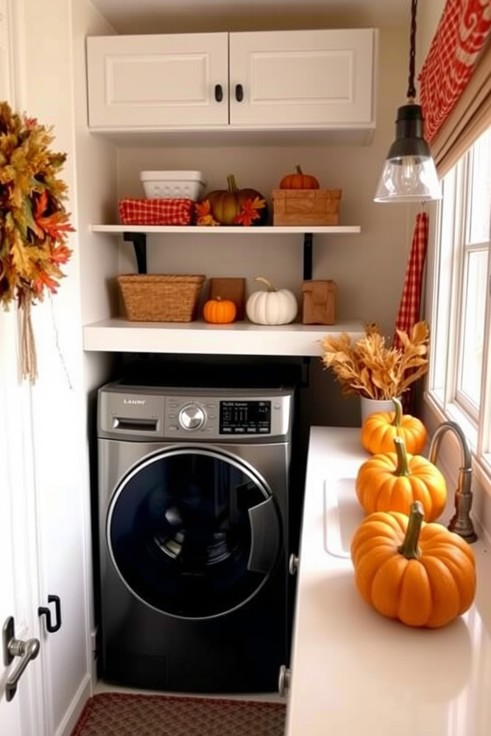 A cozy laundry room adorned for Thanksgiving. Small pumpkins are artfully arranged on the countertops, adding a touch of seasonal charm to the space.