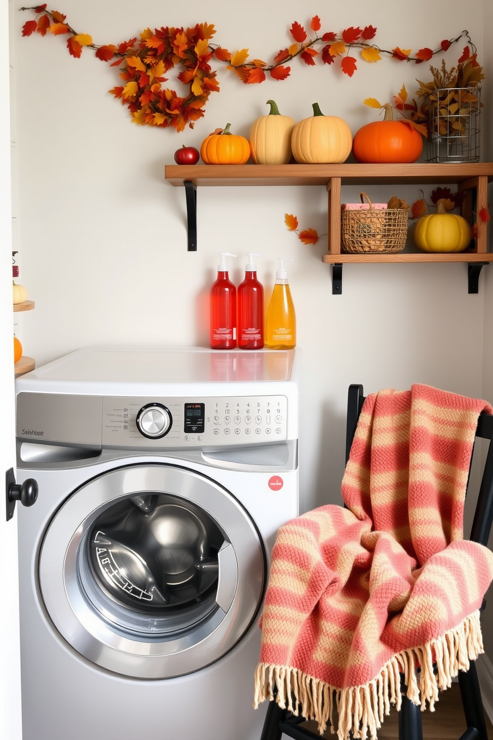 A festive laundry room setting for Thanksgiving. The walls are adorned with autumn-themed decorations, featuring pumpkins and fall leaves. A rustic wooden shelf holds colorful dish soap bottles and sponges in warm hues. A cozy throw blanket drapes over a nearby chair, adding a touch of seasonal charm.