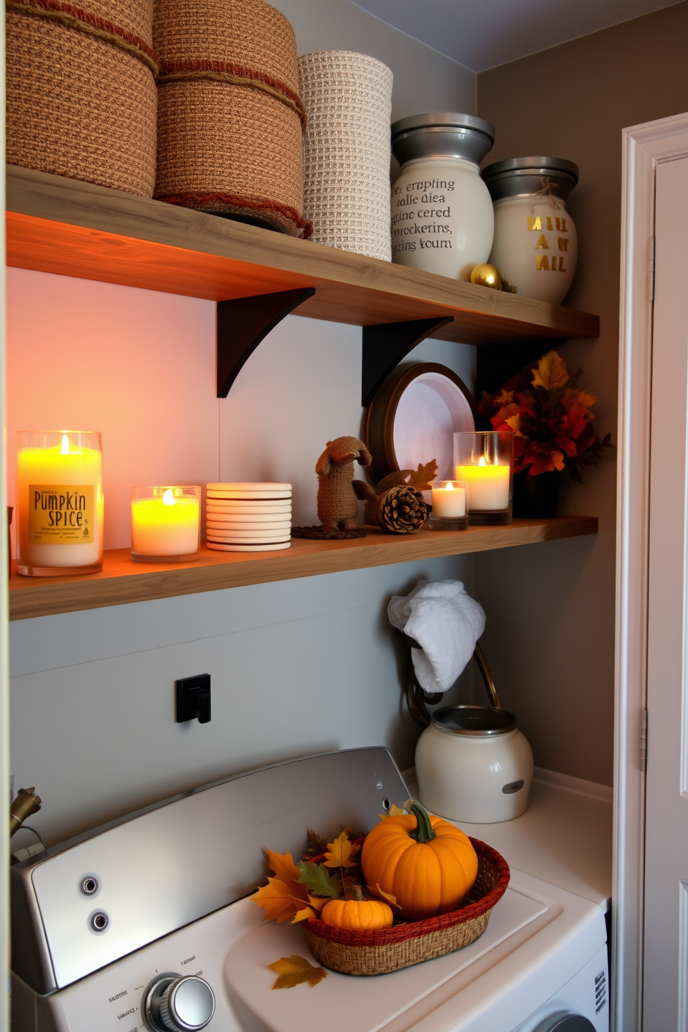 A cozy laundry room adorned with pumpkin spice scented candles placed on open shelves. The warm glow of the candles complements the rustic decor, creating a welcoming atmosphere for holiday preparations. Festive decorations inspired by Thanksgiving enhance the space, featuring autumn-themed accents like colorful leaves and small pumpkins. The room combines practicality with seasonal charm, making laundry chores feel more enjoyable during the holidays.