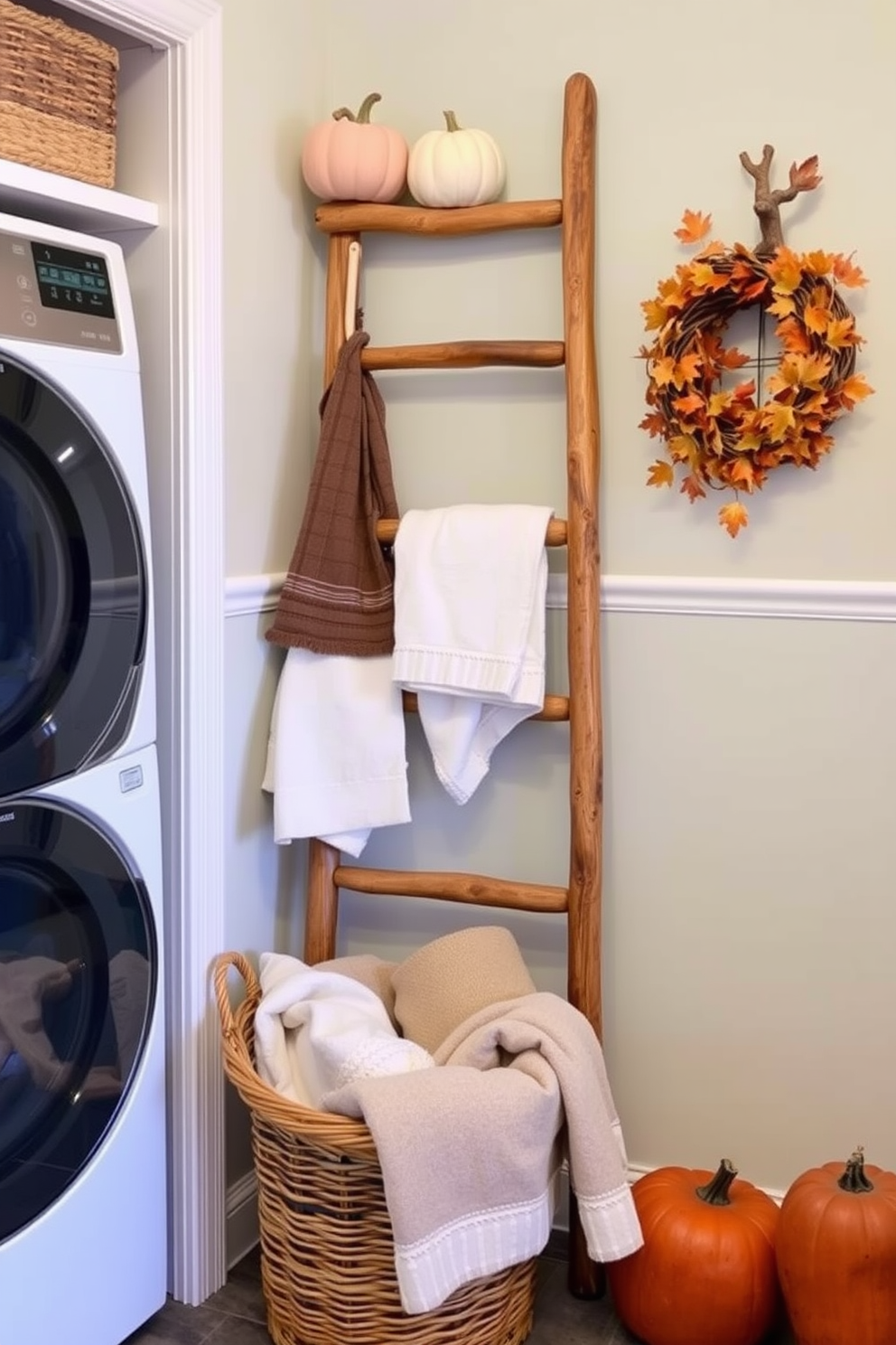 A charming laundry room featuring a decorative ladder for hanging linens. The ladder is made of reclaimed wood and leans against a wall painted in soft pastel hues, adding a touch of rustic elegance. The space is adorned with seasonal Thanksgiving decorations, including pumpkins and autumn leaves. A woven basket sits at the base of the ladder, filled with cozy blankets and towels for added warmth and comfort.