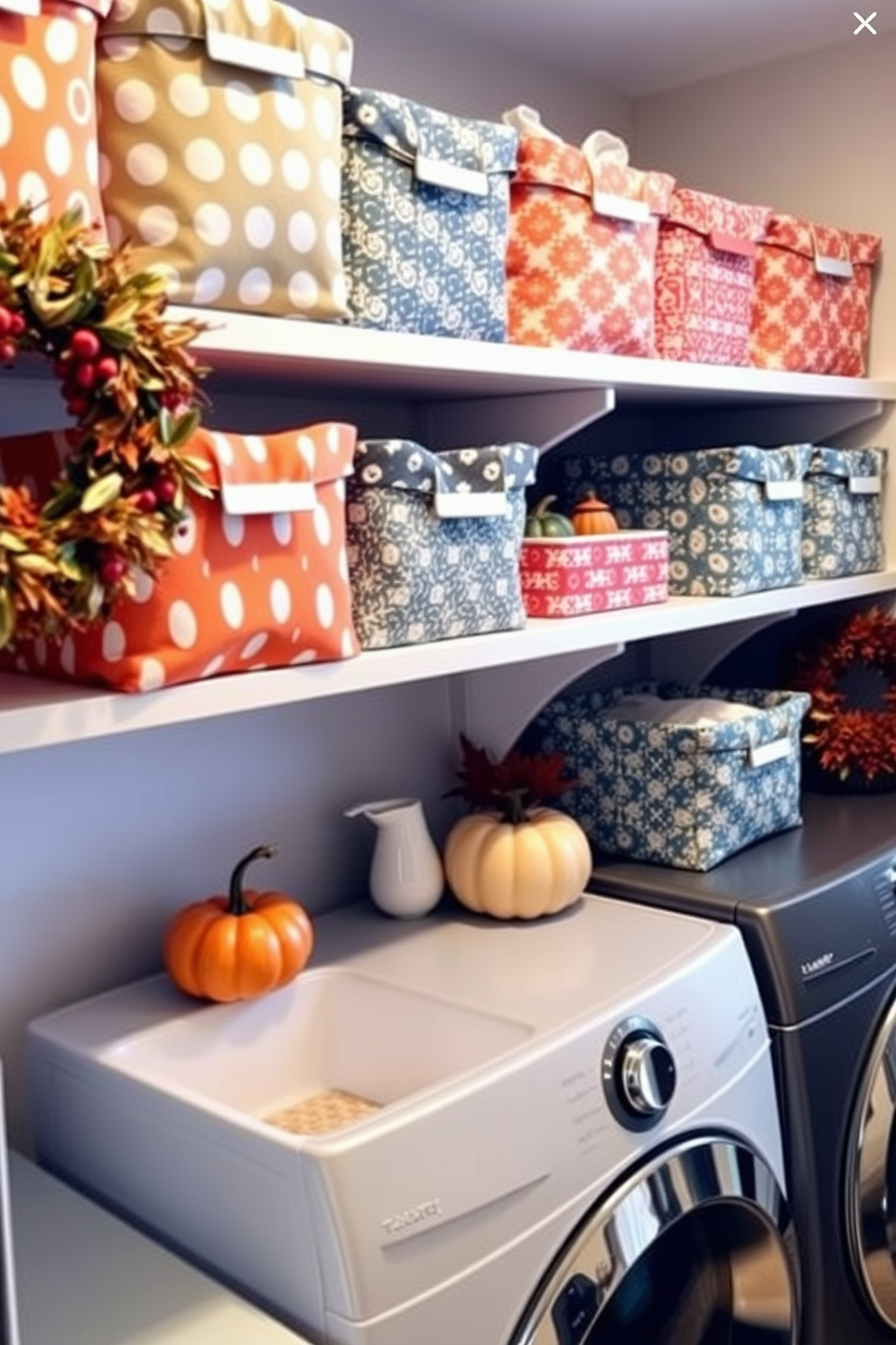 Colorful fabric bins for organizing items. The bins are arranged neatly on open shelves, showcasing a variety of vibrant patterns and textures. Thanksgiving laundry room decorating ideas. The space features warm autumn tones with decorative elements like pumpkin accents and seasonal wreaths.