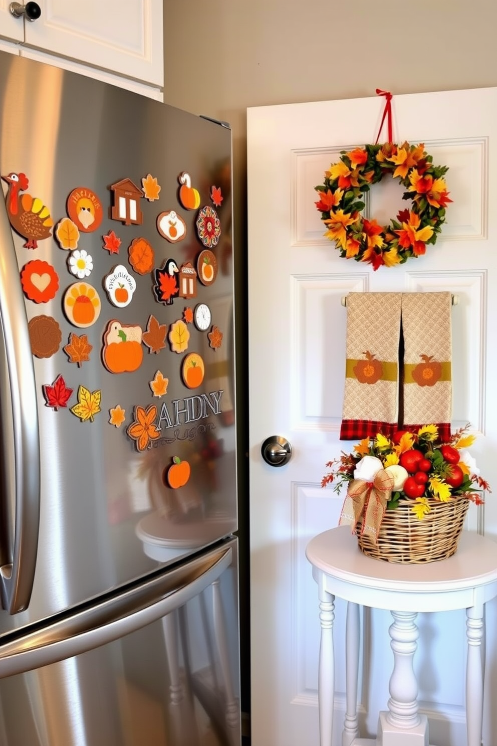 Thanksgiving-themed magnets adorn the refrigerator and dishwasher, showcasing festive designs like turkeys, pumpkins, and autumn leaves. The cheerful colors bring a sense of warmth and celebration to the kitchen space. In the laundry room, decorative touches include a cozy autumn-themed wreath on the door and a basket filled with seasonal towels. A small table is set with a Thanksgiving-themed centerpiece, adding charm and festivity to the practical space.