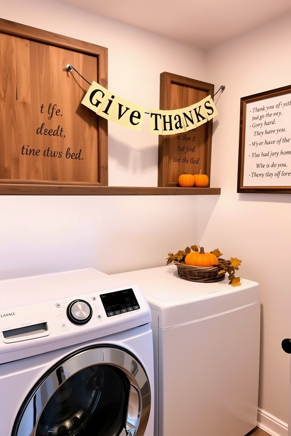 A cozy laundry room adorned with inspirational quotes on the walls. The quotes are framed in rustic wooden frames and are complemented by soft, ambient lighting that creates a warm atmosphere. For Thanksgiving, the laundry room features seasonal decorations with autumn leaves and small pumpkins placed on the shelves. A cheerful banner saying 