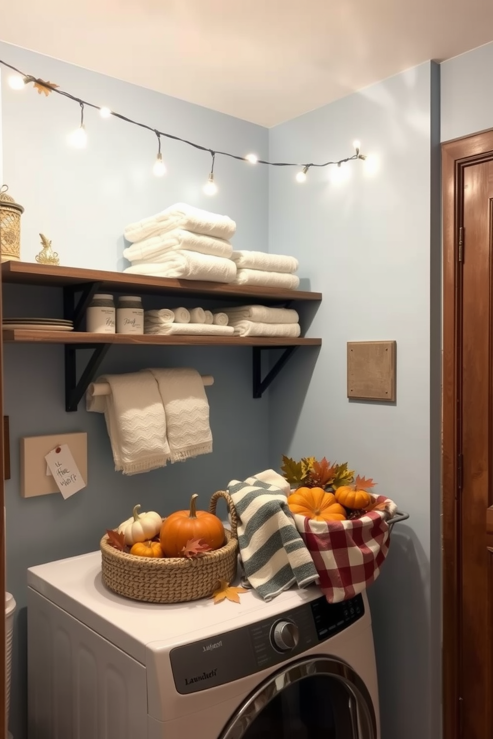 A cozy laundry room setting adorned with string lights hanging above the workspace. The walls are painted a soft blue, and a rustic wooden shelf holds neatly folded towels and laundry supplies. For Thanksgiving, the laundry room features seasonal decorations like small pumpkins and autumn leaves. A woven basket filled with festive towels adds a warm touch to the overall decor.