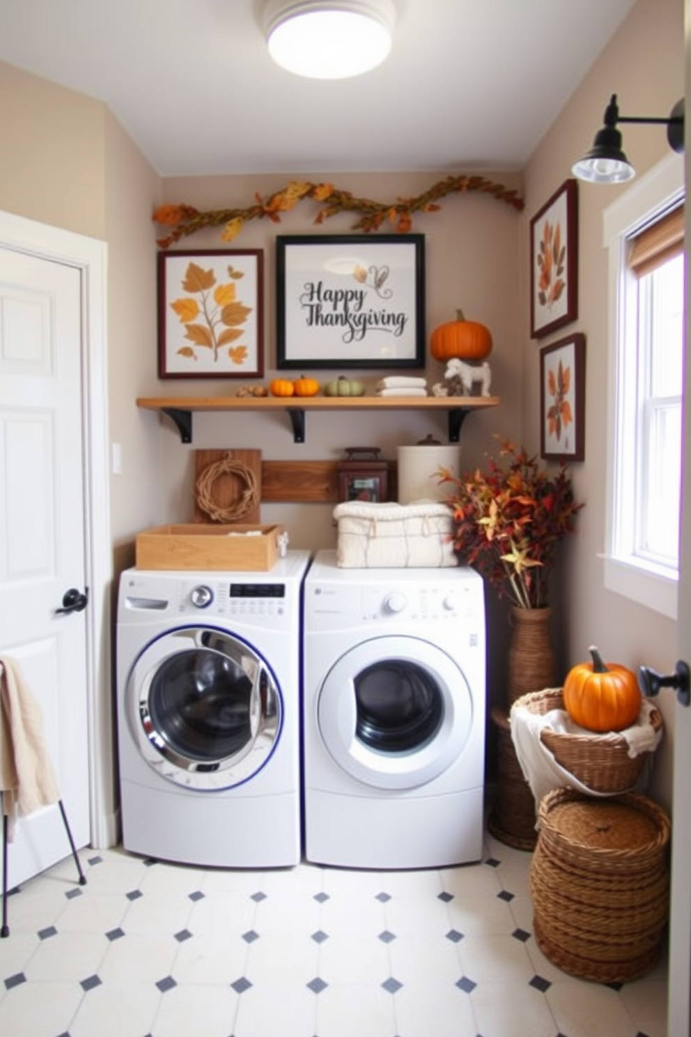 A cozy laundry room adorned with seasonal artwork celebrating Thanksgiving. The walls are decorated with framed prints of autumn leaves and pumpkins, creating a warm and inviting atmosphere.