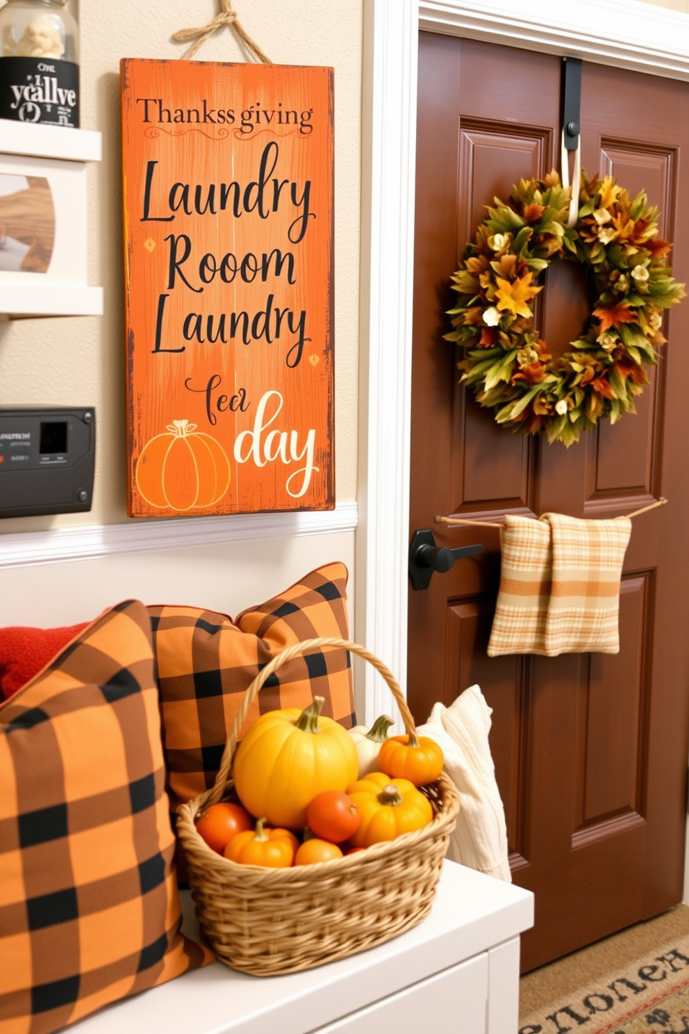 A cute laundry room sign with a Thanksgiving theme features a rustic wooden board adorned with autumn leaves and pumpkins. The sign is painted in warm colors like orange and gold, bringing a festive touch to the space. Thanksgiving laundry room decorating ideas include adding cozy elements like plaid throw pillows and a seasonal wreath on the door. Incorporate decorative baskets filled with seasonal fruits to enhance the festive atmosphere.