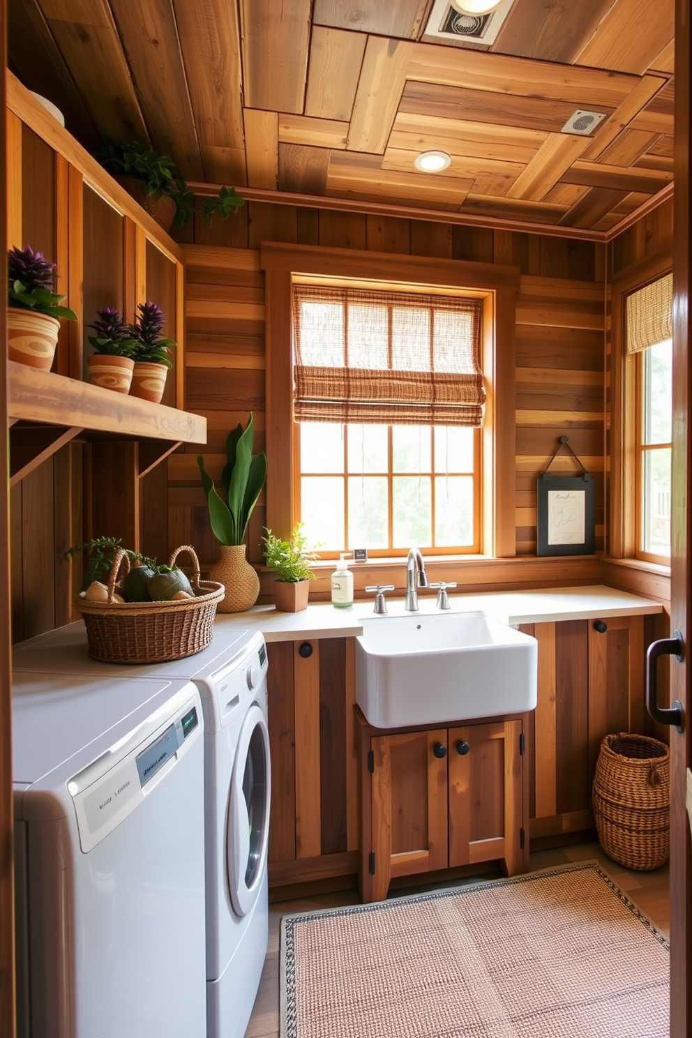 A cozy laundry room featuring natural wood accents throughout the space. The cabinetry is crafted from reclaimed wood, providing warmth and character to the room. A farmhouse sink sits beneath a large window, allowing natural light to flood in. Decorative elements include a rustic wooden shelf displaying potted plants and woven baskets for storage.