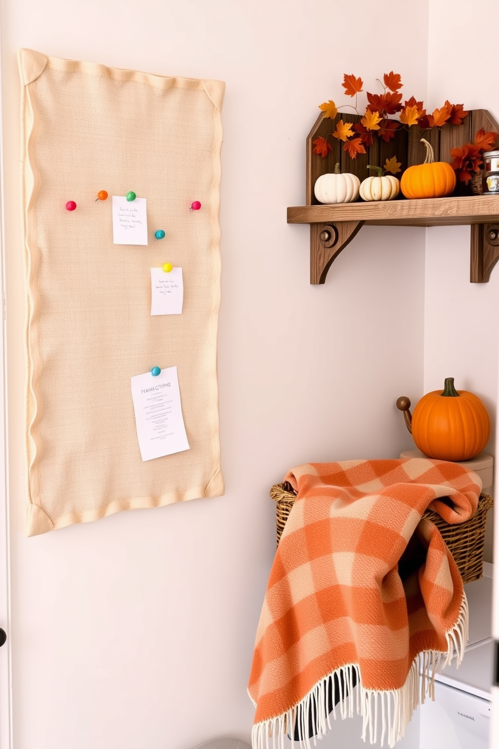 A fabric-covered bulletin board is mounted on the wall, featuring a soft linen texture in a warm beige tone. Colorful pushpins hold various reminders and notes, adding a personal touch to the space. The laundry room is decorated with Thanksgiving-themed accents, including a rustic wooden shelf adorned with small pumpkins and autumn leaves. A cozy throw blanket drapes over a wicker basket, creating an inviting atmosphere for chores.