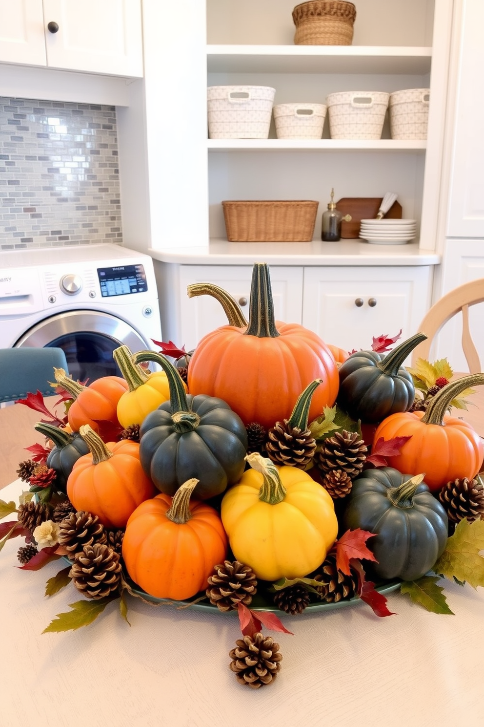 A seasonal table centerpiece featuring an assortment of colorful gourds in various shapes and sizes. Surround the gourds with small pinecones and autumn leaves to enhance the festive atmosphere. A laundry room designed with functionality and style in mind. Incorporate open shelving for easy access to supplies and a stylish backsplash that complements the cabinetry.