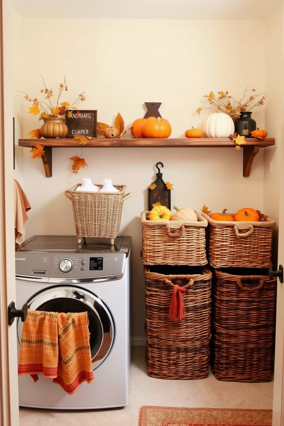 A cozy laundry room adorned with harvest-themed laundry baskets for storage. The baskets are made of woven materials in warm autumn colors, complemented by decorative accents like small pumpkins and fall leaves. The walls are painted in a soft cream color, creating a bright and inviting atmosphere. A rustic wooden shelf above the baskets displays seasonal decor, adding to the Thanksgiving spirit.