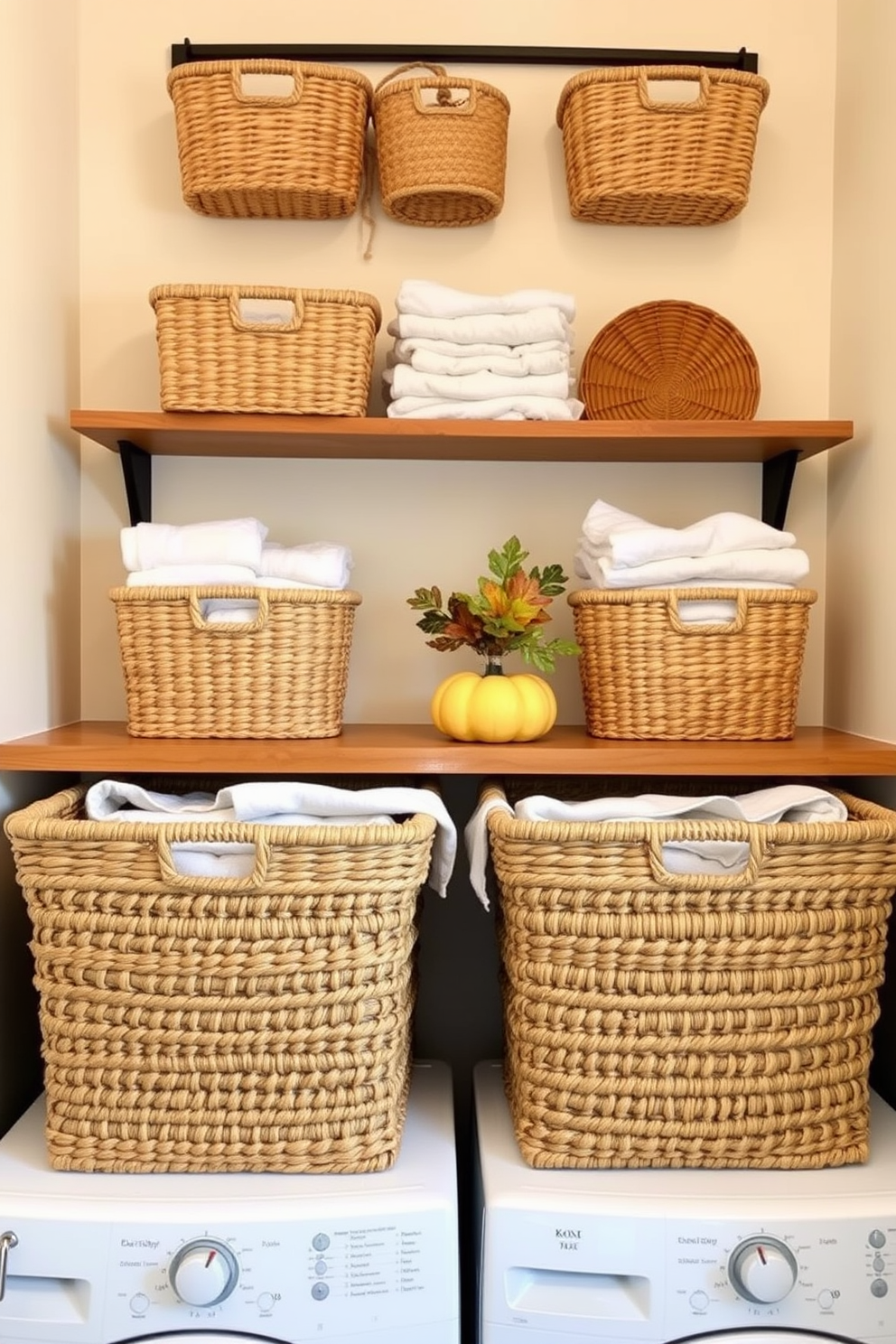 A bright and airy laundry room features decorative baskets for clean laundry storage. The baskets are woven in natural fibers and arranged neatly on a wooden shelf, adding warmth and texture to the space. The walls are painted in a soft cream color, complementing the rustic charm of the room. A festive Thanksgiving-themed decor element, such as a small pumpkin centerpiece, adds a seasonal touch to the overall design.