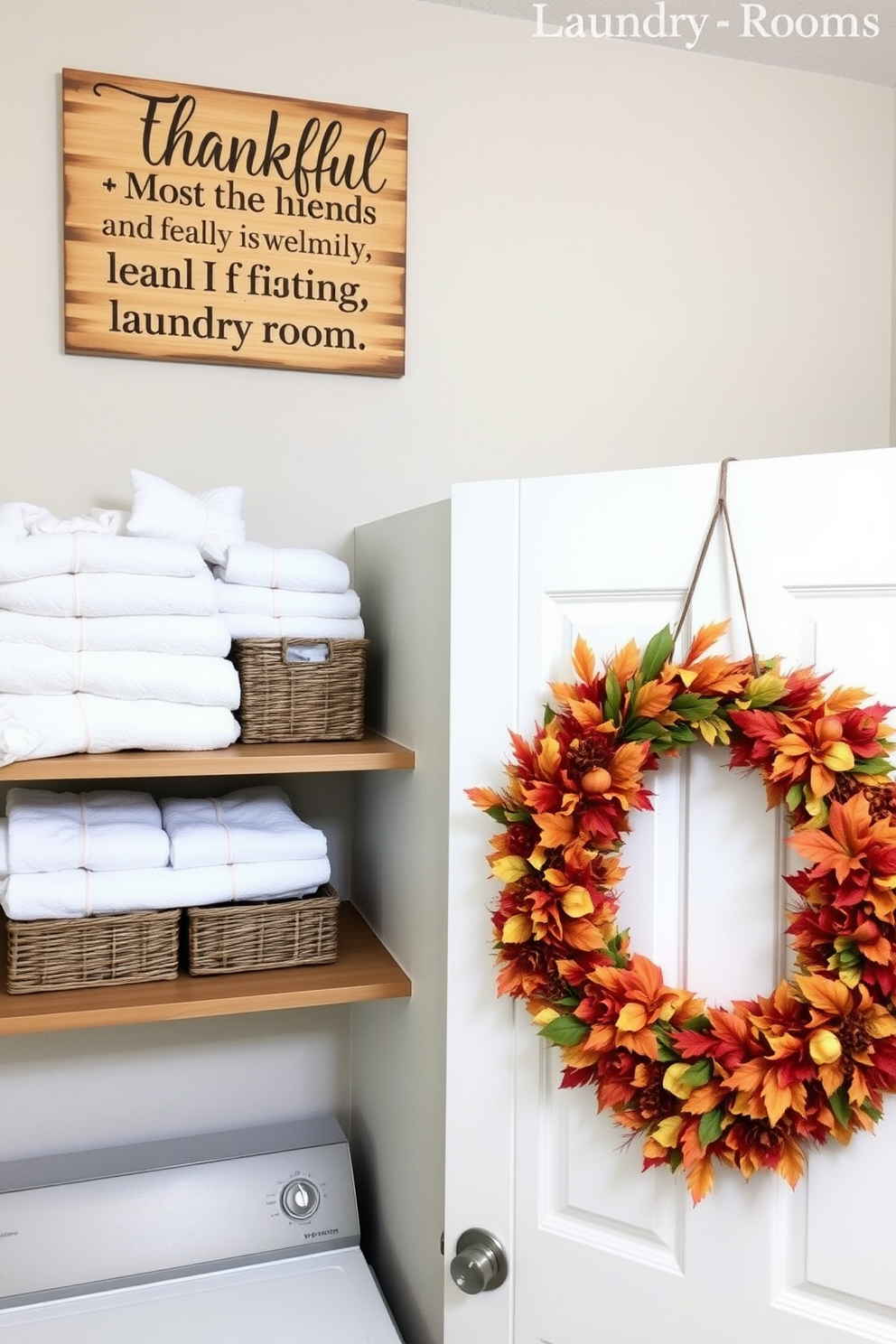 A rustic wooden sign hangs on the wall, adorned with thankful quotes that evoke warmth and gratitude. The sign's natural finish complements the cozy atmosphere of the laundry room, creating a welcoming space for family and friends. The laundry room features open shelving made of reclaimed wood, displaying neatly folded towels and decorative baskets. A vibrant autumn-themed wreath is placed on the door, adding a festive touch to the functional space.