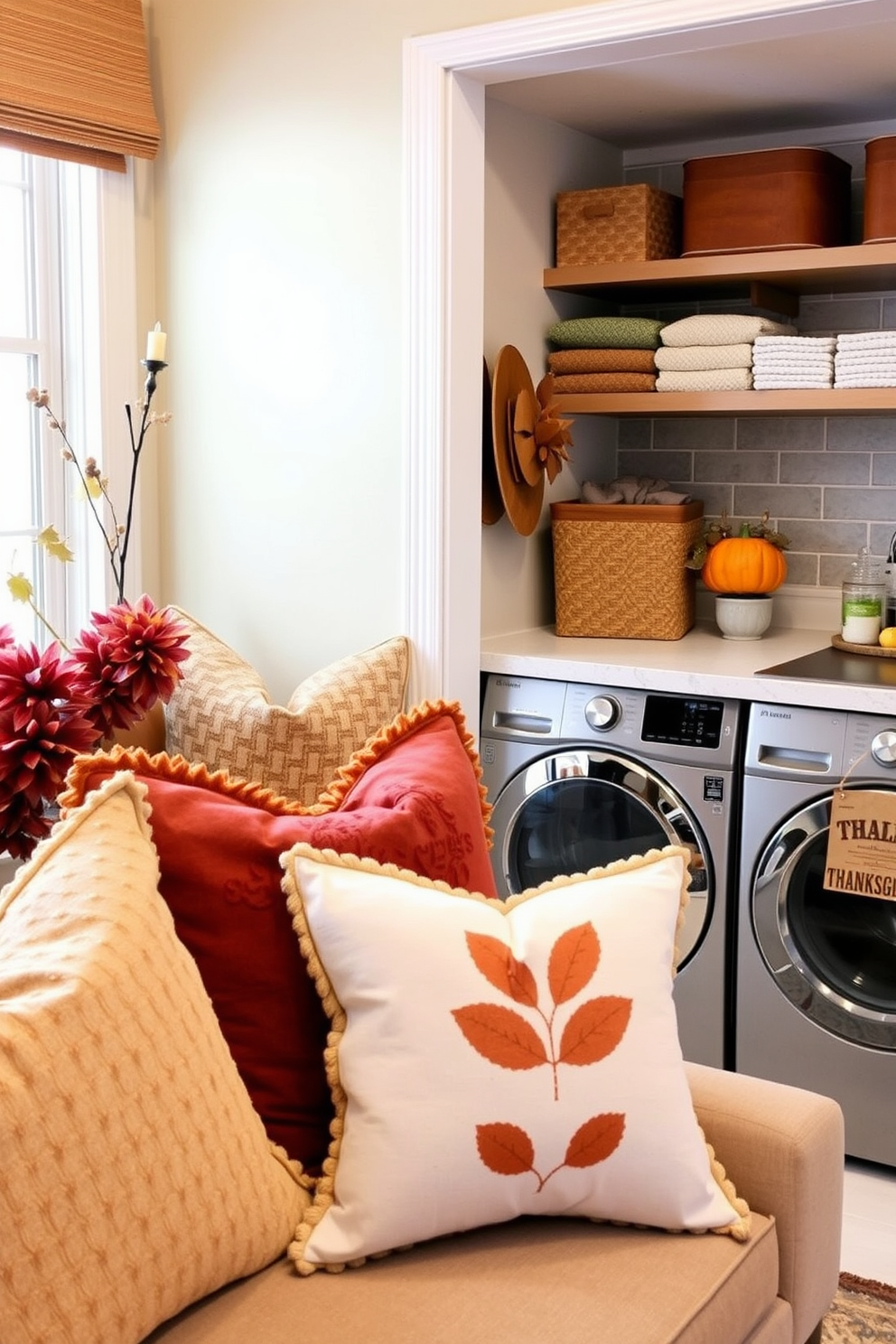 A cozy seating area adorned with seasonal throw pillows in rich autumn hues. The pillows feature various textures and patterns, adding warmth and visual interest to the space. A functional laundry room designed for efficiency and style. The space includes open shelving for storage, a stylish countertop for folding clothes, and decorative elements that reflect a Thanksgiving theme.