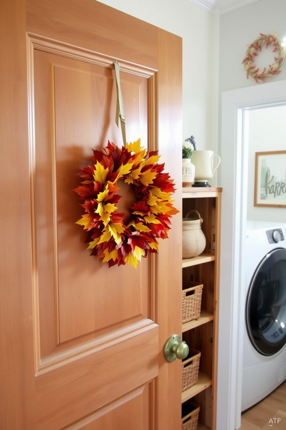 A beautiful wreath made of vibrant autumn leaves adorns the front door, welcoming guests with its warm seasonal colors. The leaves range from deep reds to golden yellows, creating a stunning display that captures the essence of fall. The laundry room is styled with a cozy and functional design, featuring open shelving made of reclaimed wood for storage. Decorative baskets in earthy tones are neatly arranged on the shelves, while a cheerful wall art piece adds a festive touch to the space.