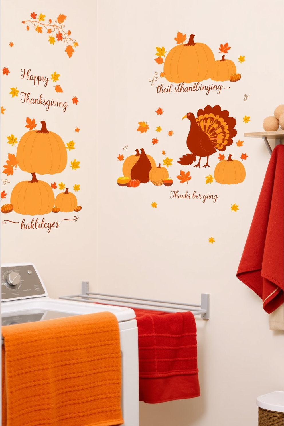 Thanksgiving themed wall decals featuring autumn leaves pumpkins and turkeys are creatively arranged on the walls of a cozy laundry room. The space is brightened with warm colors and a cheerful harvest theme that brings festive spirit to everyday chores. The laundry room is adorned with decorative stickers that showcase Thanksgiving greetings and seasonal motifs. Complementing the decals are soft towels in rich orange and deep red hues hung neatly on the drying rack.