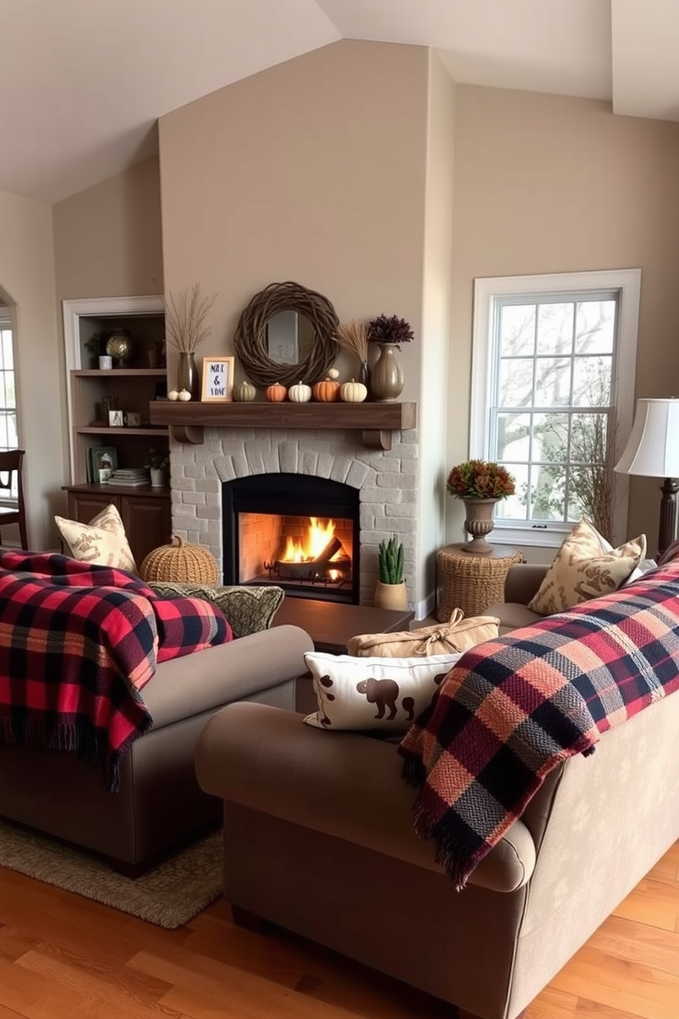 A cozy living room adorned with warm plaid throw blankets draped over plush sofas. The space features an inviting fireplace with a rustic mantel, surrounded by autumn-themed decorations and soft, ambient lighting.