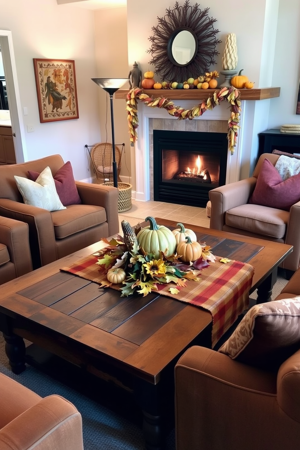 A cozy Thanksgiving living room features a rustic wooden coffee table adorned with a harvest-themed table runner that showcases autumn leaves and pumpkins. Surrounding the table are plush armchairs in warm earth tones, with decorative pillows that complement the seasonal decor. The space is illuminated by soft, ambient lighting from a stylish floor lamp, casting a warm glow over the room. A fireplace in the background is decorated with seasonal garlands of dried corn and colorful gourds, enhancing the festive atmosphere.