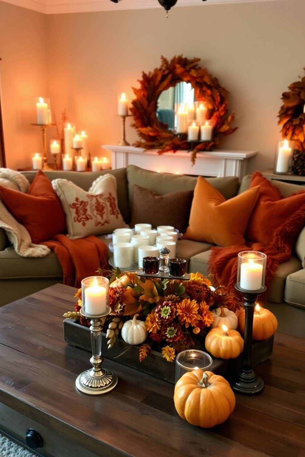 A cozy Thanksgiving living room adorned with candles in elegant glass holders. The flickering candlelight casts a warm glow over the rich autumnal colors of the decor, creating an inviting atmosphere. Plush throws and decorative pillows in shades of orange and gold are scattered across a comfortable sofa. A rustic coffee table is adorned with a centerpiece of seasonal flowers and small pumpkins, completing the festive look.