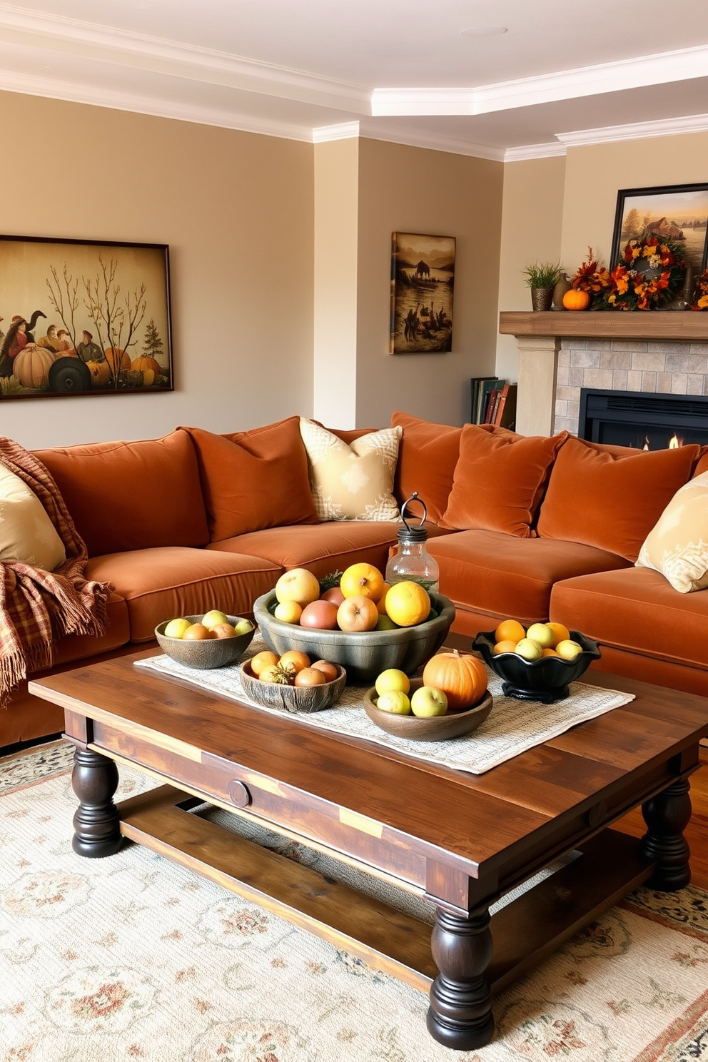 A cozy Thanksgiving living room features a large, plush sofa adorned with warm, earthy-toned cushions. In the center, a rustic wooden coffee table holds decorative bowls filled with seasonal fruits like apples, pears, and oranges, creating a festive centerpiece. The walls are painted in a soft beige, complemented by autumn-themed artwork. A warm throw blanket drapes over the arm of the sofa, and a flickering fireplace adds a welcoming glow to the space.