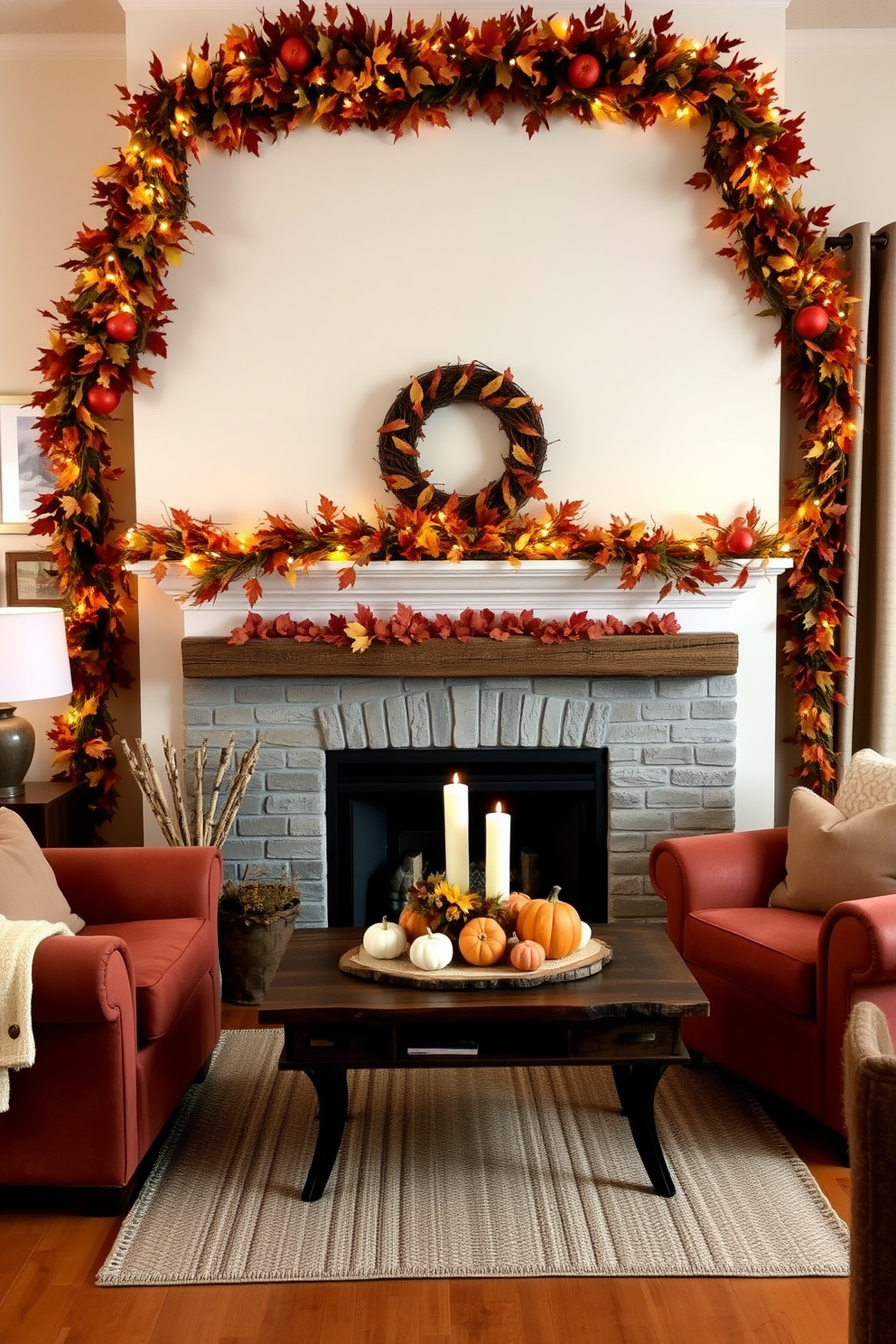 A cozy living room adorned with Thanksgiving-themed garlands draped elegantly over the mantel. The garlands are filled with autumn leaves, small pumpkins, and twinkling fairy lights, creating a warm and inviting atmosphere for family gatherings. The fireplace is flanked by plush armchairs in rich earth tones, complemented by soft throw blankets. A rustic coffee table holds a centerpiece of seasonal fruits and candles, enhancing the festive decor.