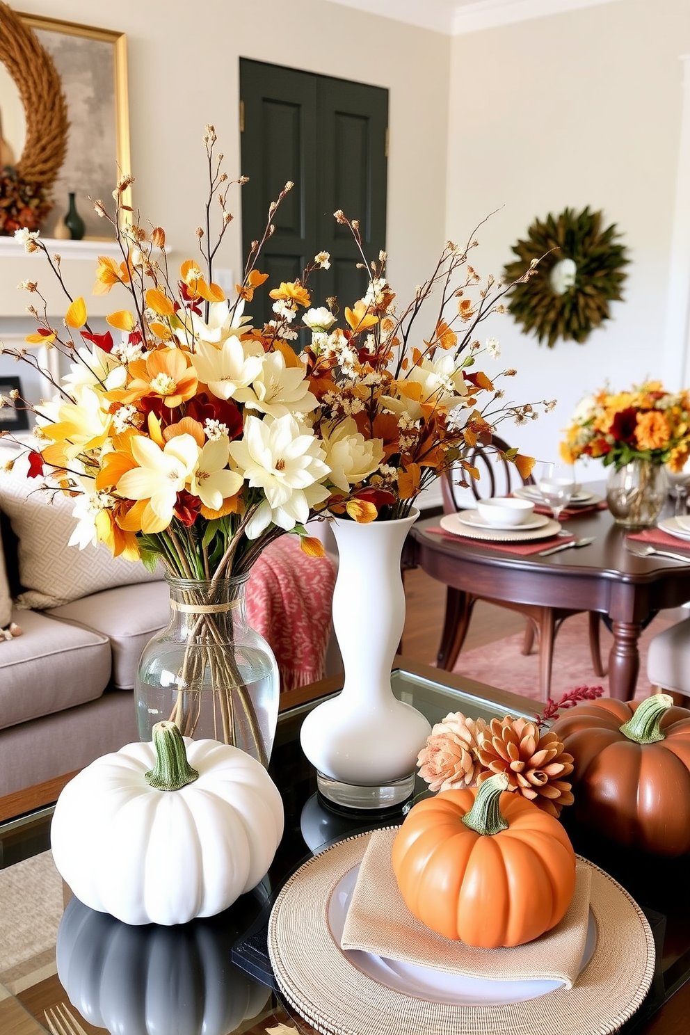 Chic vases filled with fresh fall flowers create a warm and inviting atmosphere in the living room. The vases are elegantly arranged on a coffee table, surrounded by cozy throws and decorative pillows in autumn hues. Thanksgiving decorations enhance the festive spirit with a beautifully set dining table. Natural elements like pumpkins and gourds complement the elegant tableware, creating a perfect backdrop for a family gathering.