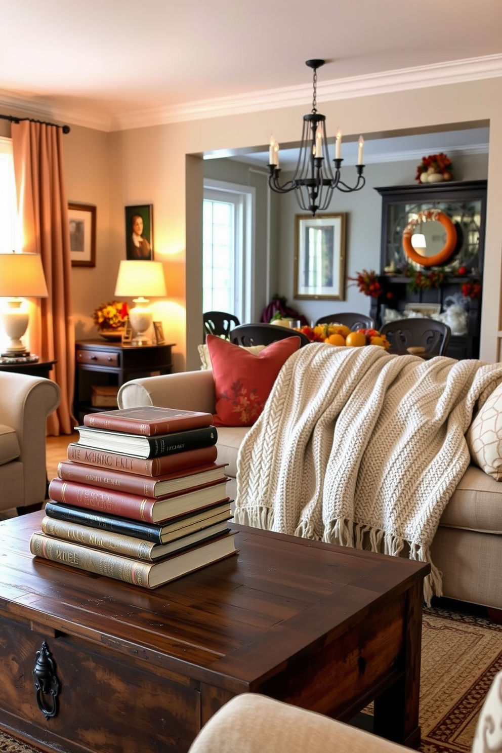 A cozy living room setting adorned with vintage books stacked on a rustic wooden coffee table. Soft, warm lighting illuminates the space, creating an inviting atmosphere perfect for relaxation. The room features a plush sofa draped with a knitted throw blanket and surrounded by autumn-themed decorations. A beautifully set dining table in the background showcases a festive Thanksgiving centerpiece with seasonal decor.