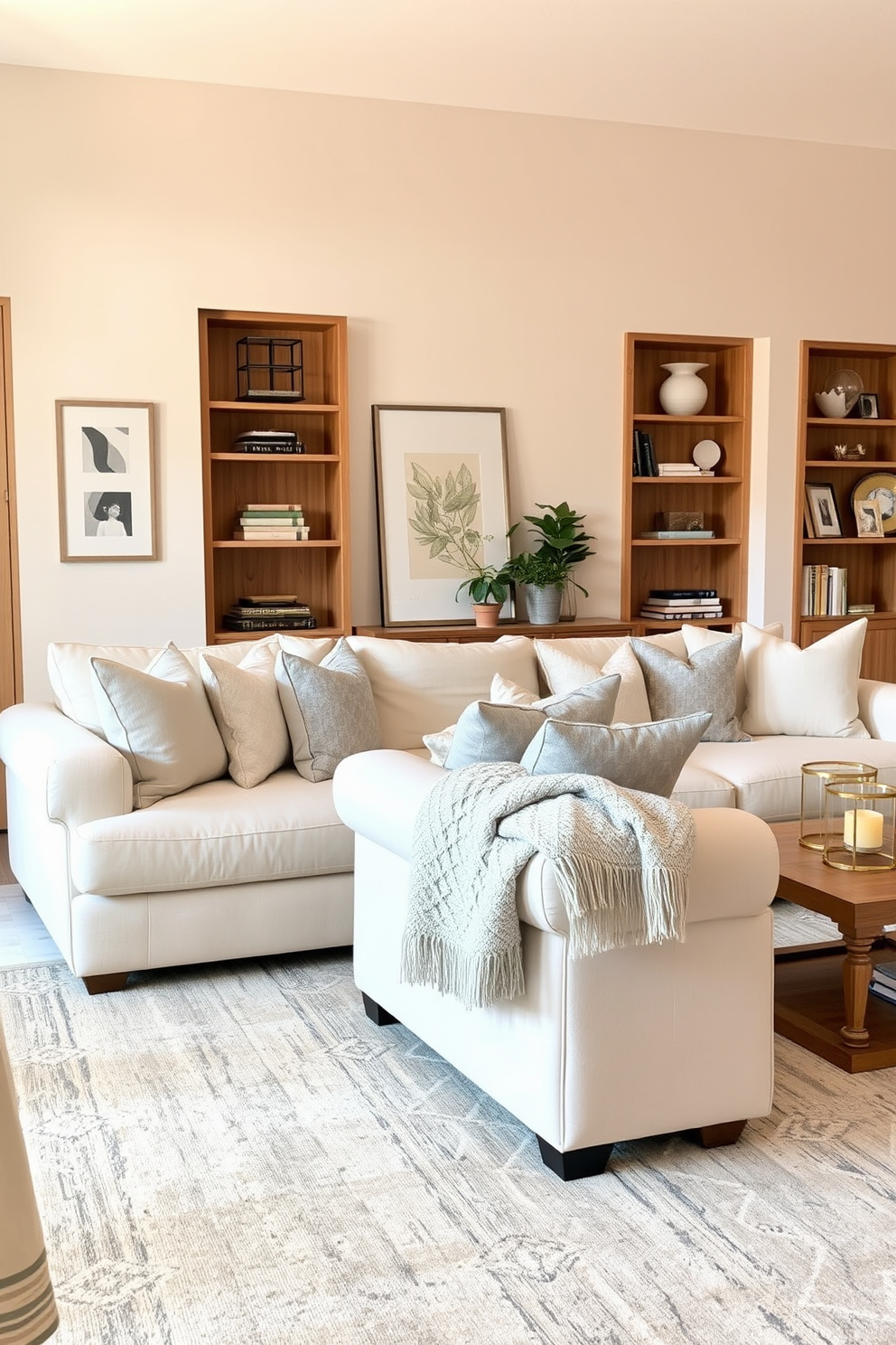 A serene living room featuring a neutral color palette with soft beige walls and a plush cream sofa. Accents of light gray are introduced through decorative pillows and a cozy throw blanket draped over the armrest. The space is adorned with natural wood elements, including a coffee table and bookshelves filled with curated decor items. A large area rug in a subtle pattern anchors the seating arrangement, while warm lighting creates an inviting atmosphere.