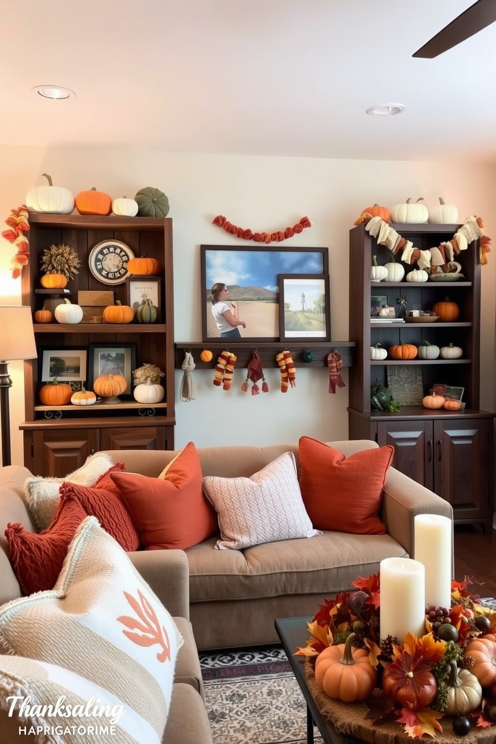 A cozy living room filled with DIY crafts displayed on rustic wooden shelves. The shelves are adorned with colorful handmade decorations, including painted pumpkins and knitted garlands, creating a warm and inviting atmosphere. A festive Thanksgiving living room decorated with autumn-themed accents. Plush cushions in warm hues and a table centerpiece featuring seasonal fruits and candles enhance the inviting ambiance.