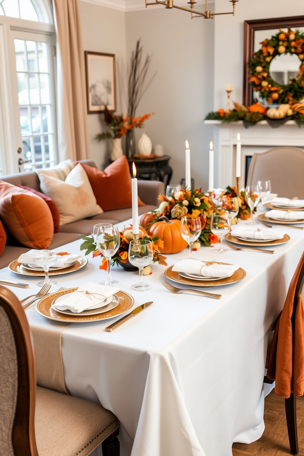 Festive place settings for guests. A beautifully arranged table features a crisp white tablecloth with gold accents, complemented by elegant dinnerware and sparkling glassware. Thanksgiving Living Room Decorating Ideas. The space is adorned with warm autumn colors, including deep oranges and rich browns, with plush throw pillows and a cozy blanket draped over a stylish sofa.