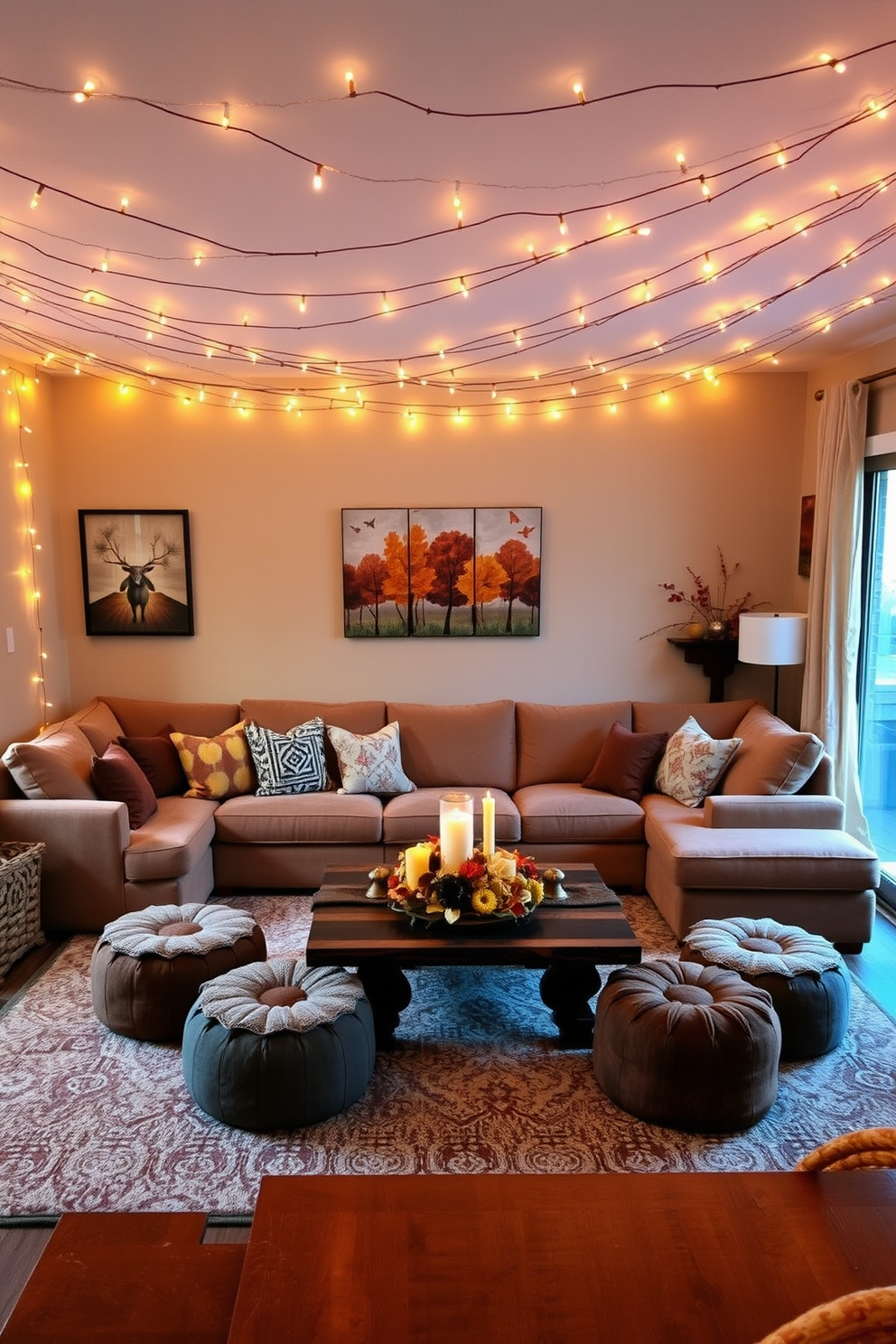 A cozy living room adorned with soft lighting created by warm string lights draped along the ceiling. The space features a plush sectional sofa in earthy tones, accented by colorful throw pillows and a large, inviting area rug. A rustic coffee table sits at the center, surrounded by plush poufs for additional seating. On the walls, autumn-themed artwork complements the seasonal decor, while a festive table setting with candles and a harvest centerpiece adds a touch of Thanksgiving charm.