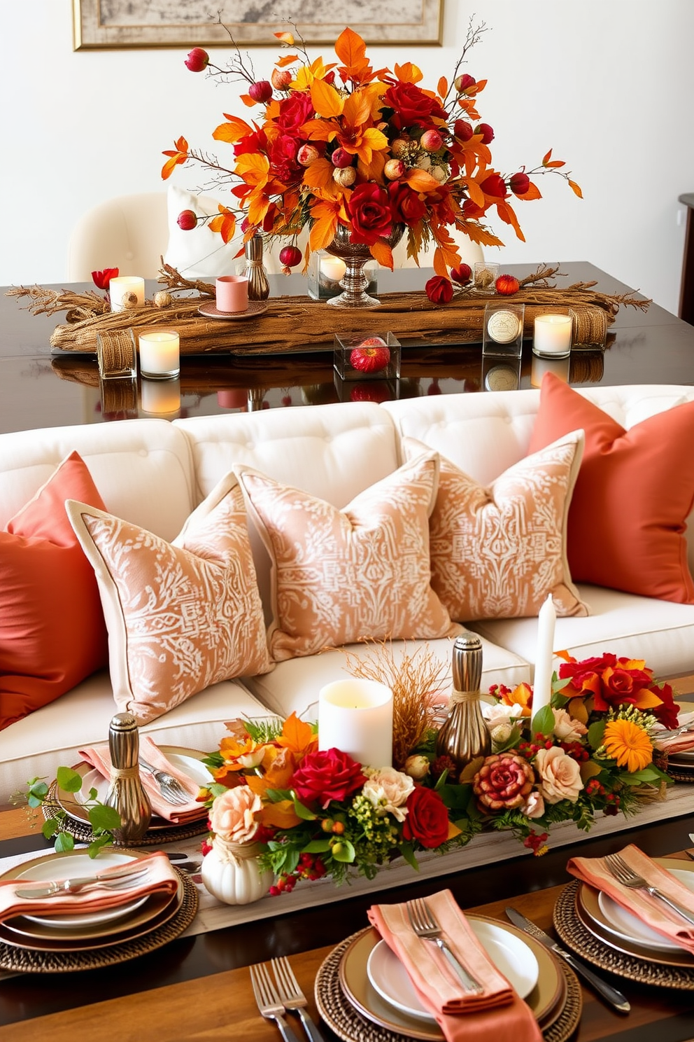 Elegant autumn-themed centerpieces on tables. Rich hues of orange, red, and gold are complemented by rustic wooden elements and soft candlelight. Thanksgiving Living Room Decorating Ideas. Plush cushions in warm tones are arranged on a cozy sofa, while a festive table setting showcases seasonal decor and fresh flowers.