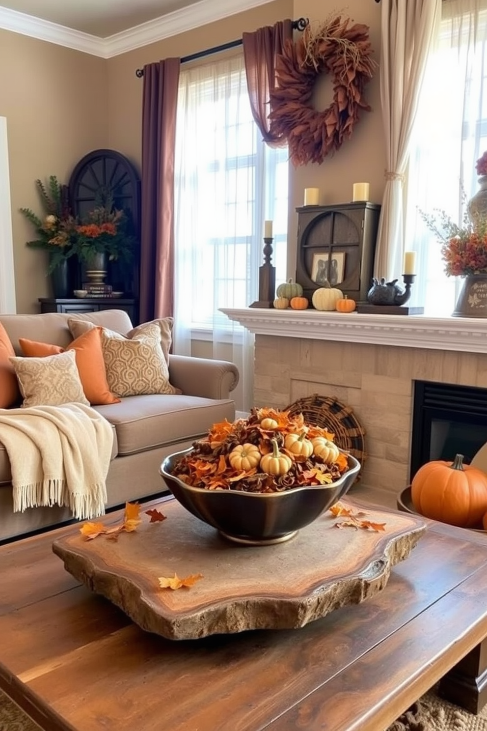 A cozy living room adorned for Thanksgiving features a warm color palette with rich browns, deep oranges, and hints of gold. Plush cushions and a soft throw blanket are draped over a stylish sofa, while a rustic coffee table displays a beautiful potpourri arrangement in a decorative bowl, filling the space with seasonal scents. On the mantel, a collection of autumn-themed decorations, including small pumpkins and candles, creates an inviting focal point. The windows are dressed with sheer curtains that allow natural light to filter in, enhancing the warm and welcoming atmosphere of the room.