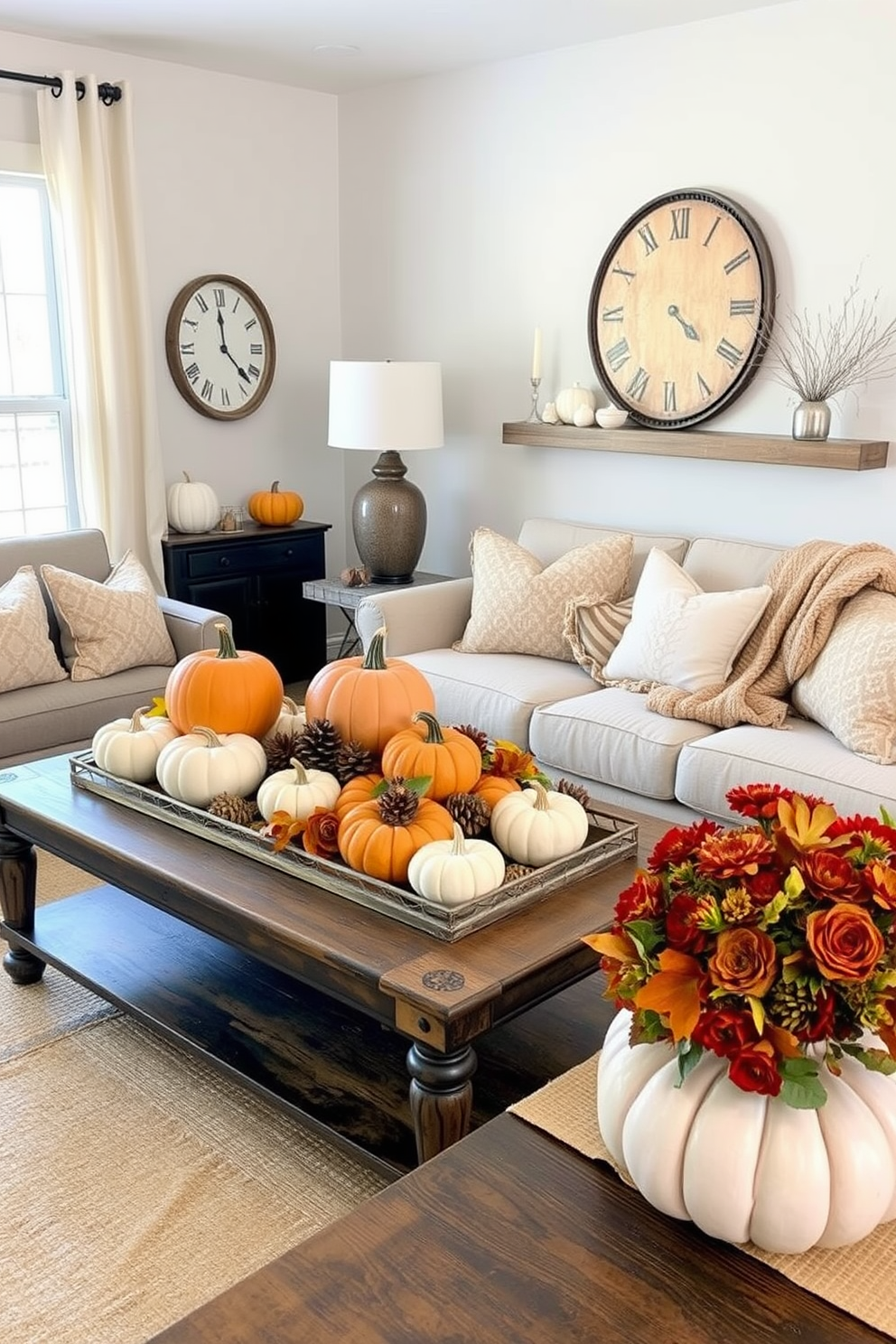 Creative pumpkin displays around the room. Arrange a variety of pumpkins in different sizes and colors on a rustic wooden coffee table. Incorporate small white pumpkins alongside vibrant orange ones for contrast. Use natural elements like pinecones and autumn leaves to enhance the festive atmosphere. Thanksgiving Living Room Decorating Ideas. Drape a warm, textured throw over a cozy sofa to add warmth and comfort. Place a centerpiece of seasonal flowers in a rich autumn hue on the dining table.