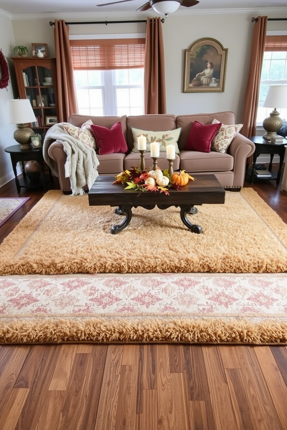 A cozy Thanksgiving living room decorated with layered rugs for added warmth. The space features a large, plush area rug in warm earth tones topped with a smaller patterned rug, creating a welcoming atmosphere. The seating arrangement includes a comfortable sofa adorned with seasonal throw pillows and a soft blanket draped over the arm. A rustic coffee table sits in the center, surrounded by candles and a centerpiece of autumn leaves and pumpkins.