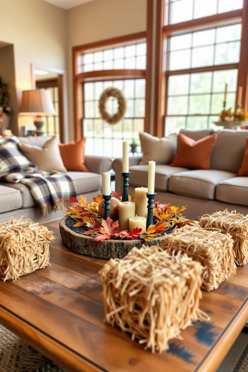 Miniature hay bales are arranged as charming decor accents in a cozy Thanksgiving-themed living room. They are placed strategically around a rustic coffee table adorned with autumn leaves and candles, creating a warm and inviting atmosphere. The living room features a comfortable sofa draped with a plaid throw, complemented by plush cushions in warm earth tones. A large window allows natural light to flood the space, illuminating the seasonal decorations and enhancing the festive vibe.