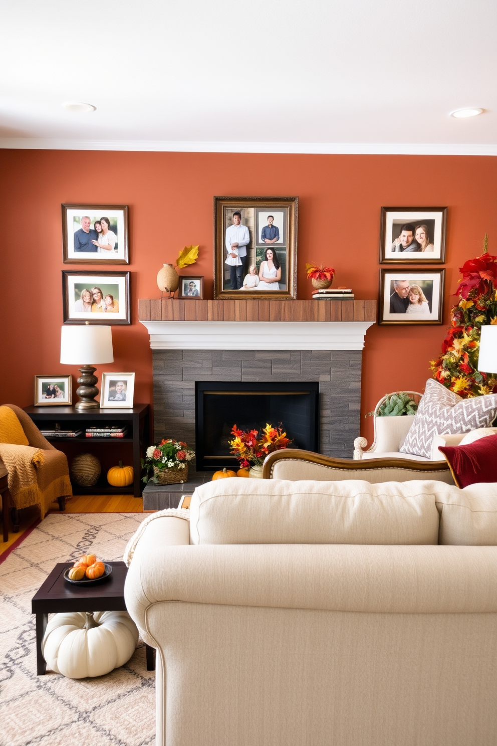 A cozy Thanksgiving living room decorated with family photos framed in warm autumn colors. The walls are adorned with rich, earthy tones and soft lighting creates an inviting atmosphere.