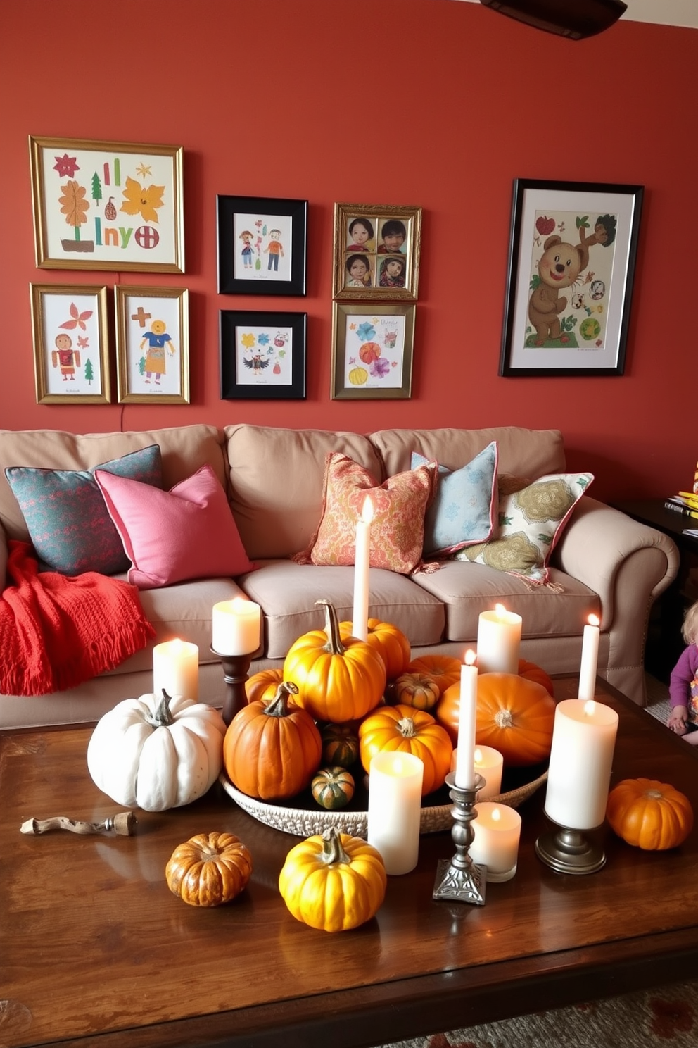 Handmade crafts from children as decor. The living room features a cozy arrangement with a plush sofa adorned with colorful throw pillows, where children's artwork is displayed in frames on the walls. Thanksgiving Living Room Decorating Ideas. The space is warmed by a rich autumn color palette, with a centerpiece of pumpkins and gourds on the coffee table, surrounded by candles in varying heights for a festive touch.