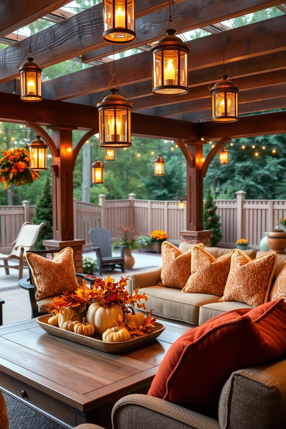 Charming lanterns for outdoor views. The scene features a cozy patio adorned with various lanterns hanging from a wooden pergola, casting a warm glow across the outdoor space. Thanksgiving Living Room Decorating Ideas. The room is filled with rich autumn colors, showcasing a beautifully set coffee table with a centerpiece of pumpkins and fall foliage, complemented by plush throw pillows on a comfortable sofa.