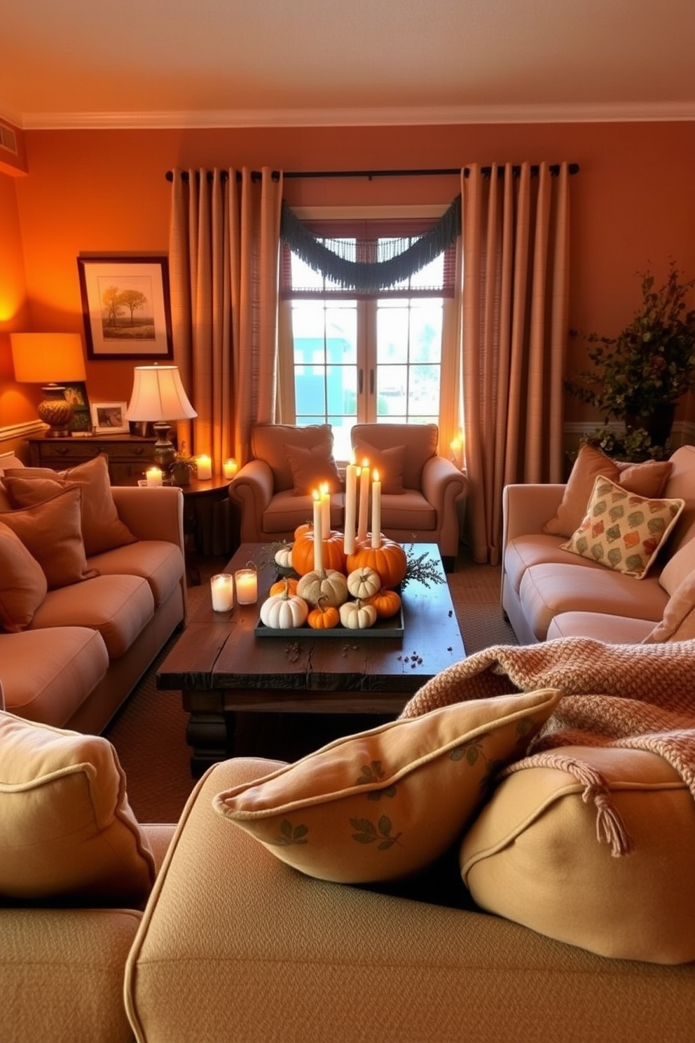 A cozy Thanksgiving living room adorned with warm candlelight and pumpkin accents. Plush sofas are arranged around a rustic coffee table, decorated with a centerpiece of small pumpkins and flickering candles. Soft golden light fills the space, creating an inviting atmosphere. The walls are painted in warm earth tones, complemented by autumn-themed throw pillows and a woven blanket draped over the armrest.