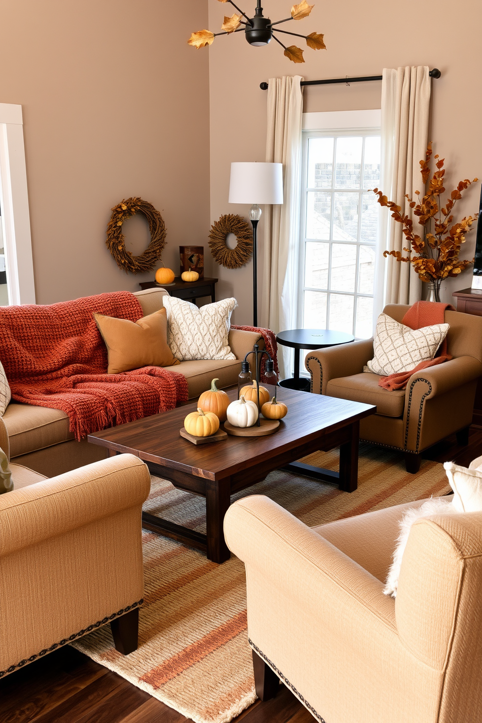 A cozy Thanksgiving living room features a plush sofa adorned with textured blankets in warm autumn colors. The space is accented with seasonal decor, including pumpkins and golden leaves, creating an inviting atmosphere for family gatherings. A rustic coffee table sits at the center, surrounded by comfortable armchairs. Soft lighting from a stylish floor lamp enhances the warm ambiance, making it the perfect setting for holiday celebrations.