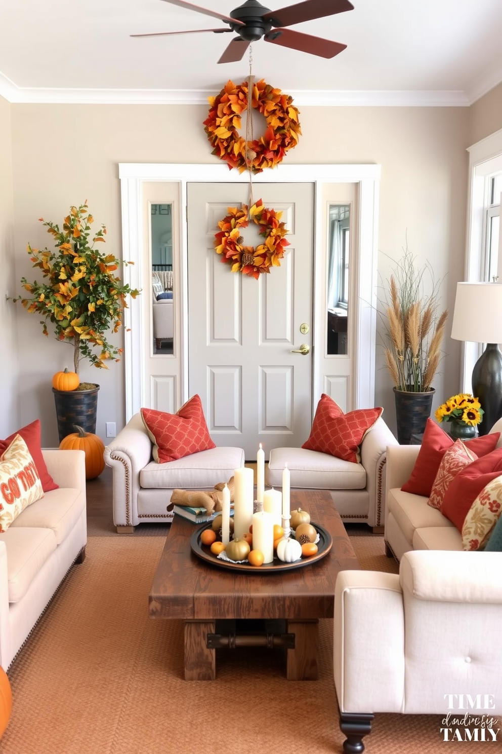 A charming front door adorned with a seasonal wreath made of vibrant autumn leaves and pinecones. The wreath is complemented by a warm welcome mat and pumpkins placed on either side of the entrance. The living room is styled for Thanksgiving with a cozy arrangement of plush sofas and decorative throw pillows in rich earth tones. A rustic coffee table is set with a centerpiece of seasonal fruits and candles, creating an inviting atmosphere for family gatherings.