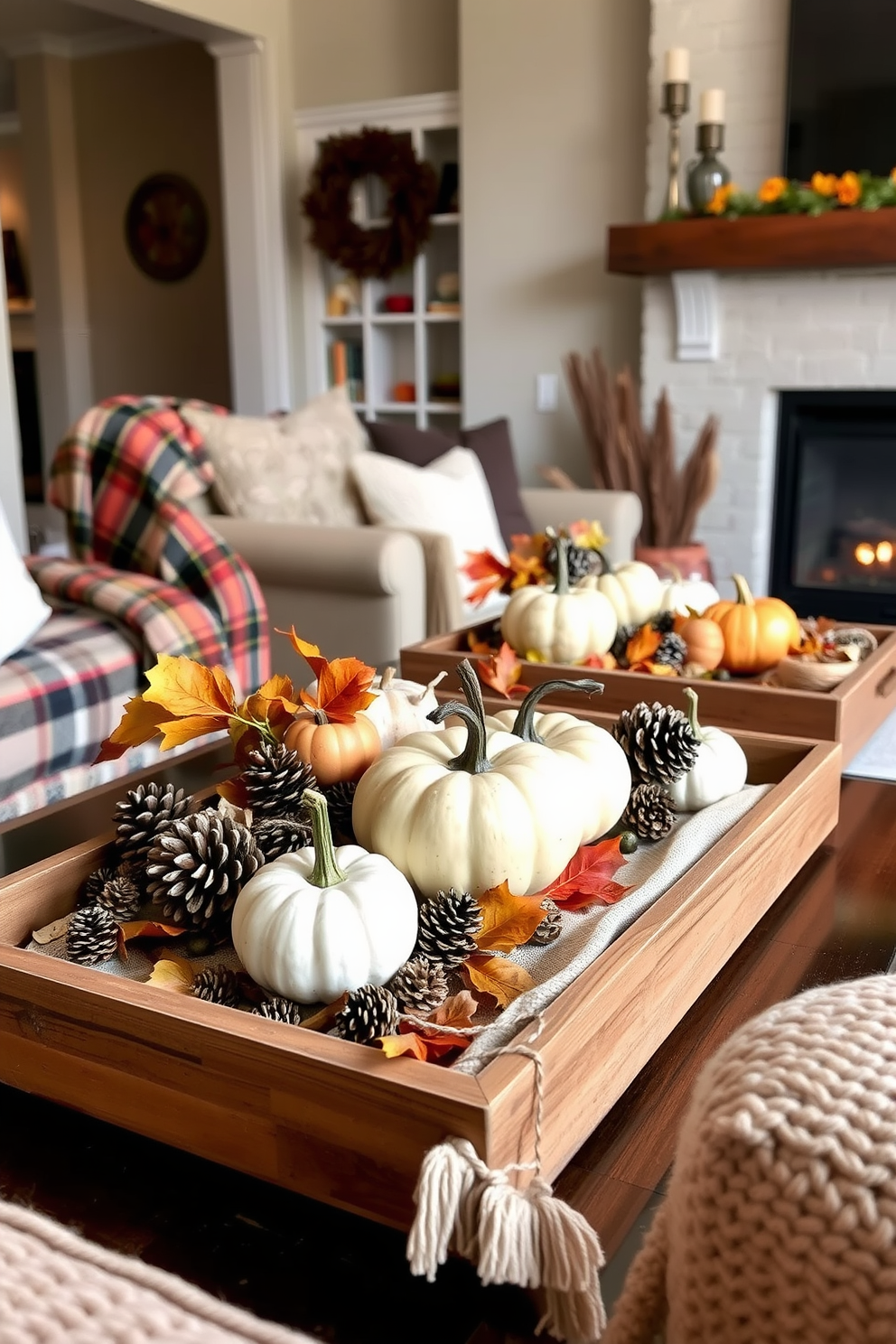 Rustic wooden trays adorned with seasonal decor create a warm and inviting atmosphere in the living room. The trays are filled with pumpkins, pinecones, and autumn leaves, complementing the cozy furnishings and soft lighting. Incorporating textured fabrics like plaid throws and knitted pillows enhances the rustic charm. A backdrop of neutral-toned walls and a crackling fireplace completes the perfect Thanksgiving gathering space.