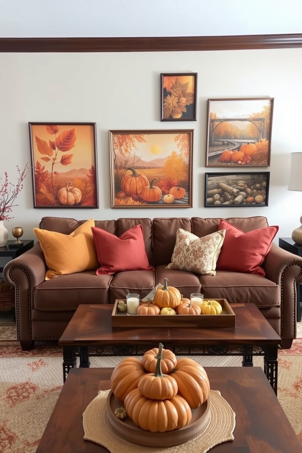 A cozy living room adorned with fall-inspired wall art featuring warm hues of orange, red, and gold. The prints showcase autumn leaves, pumpkins, and rustic scenes, creating a welcoming atmosphere perfect for Thanksgiving gatherings. A plush sofa is accented with throw pillows in seasonal colors, inviting guests to relax. A wooden coffee table is decorated with a centerpiece of mini pumpkins and candles, enhancing the festive vibe of the space.