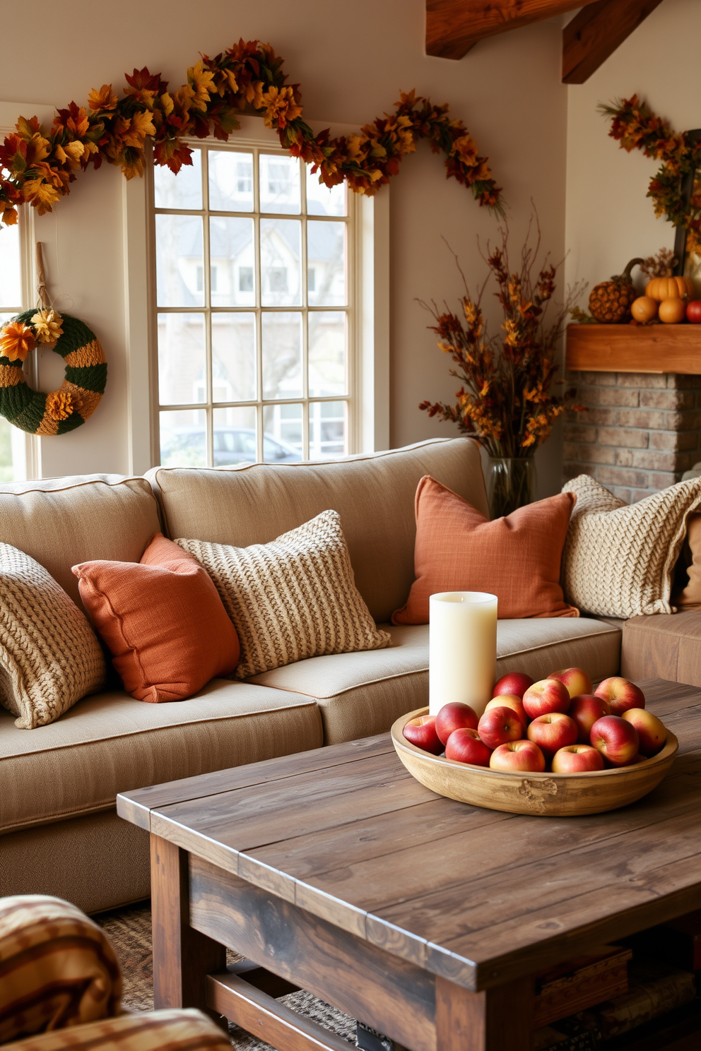 A cozy Thanksgiving living room filled with layered textures. Soft knitted pillows in warm autumn colors are scattered across a plush sofa, inviting relaxation. The walls are adorned with seasonal decorations, featuring garlands of fall leaves and pumpkins. A rustic coffee table holds a centerpiece of candles and a bowl of fresh apples, enhancing the festive atmosphere.