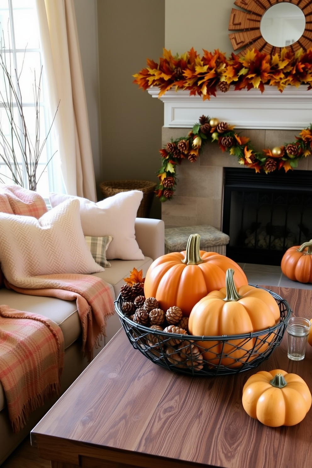 A cozy Thanksgiving living room adorned with natural elements like pinecones and leaves. The fireplace is decorated with a garland of autumn leaves, and a basket filled with pinecones sits on the coffee table. Plush throw blankets in warm earth tones drape over the sofa, inviting relaxation. A large pumpkin centerpiece on the dining table adds a festive touch to the inviting atmosphere.