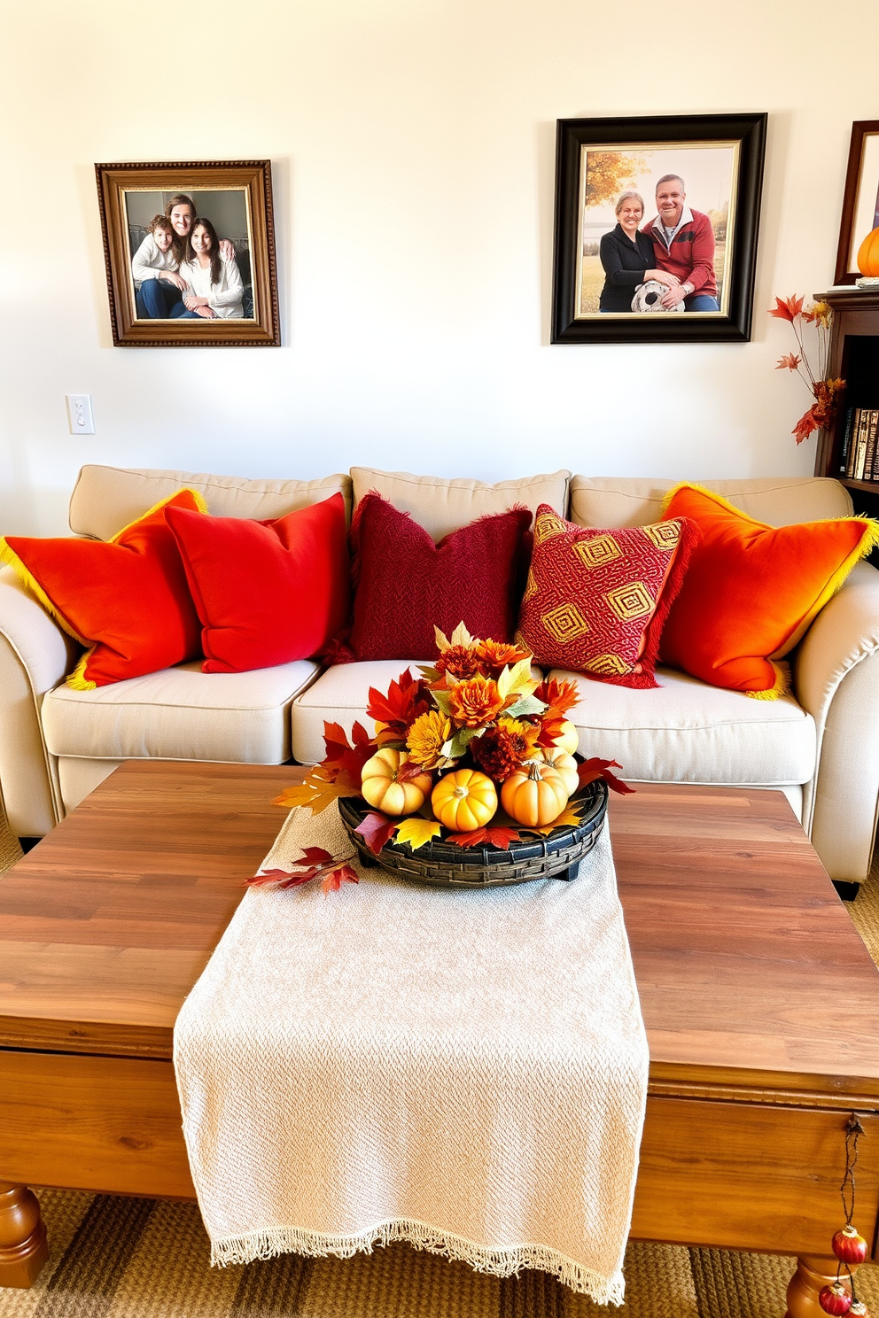 A cozy Thanksgiving living room adorned with vibrant colored cushions in shades of orange, deep red, and golden yellow. The cushions are arranged on a plush beige sofa, inviting warmth and comfort to the space. A rustic wooden coffee table sits in front of the sofa, decorated with a centerpiece of autumn leaves and small pumpkins. The walls are adorned with framed family photos and seasonal artwork, enhancing the festive atmosphere.