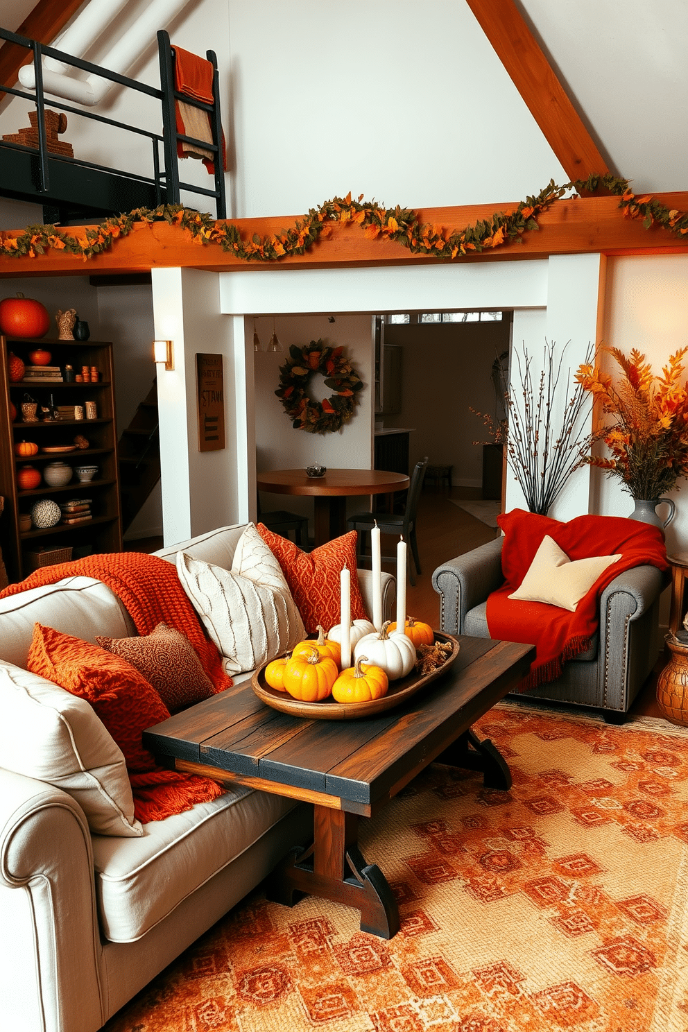 A cozy loft space adorned with warm autumnal colors. Rich oranges, deep reds, and soft browns create a welcoming atmosphere throughout the room. Plush throw blankets and decorative pillows in seasonal hues are scattered across a neutral sofa. A rustic wooden coffee table is topped with a centerpiece of pumpkins and candles, enhancing the Thanksgiving spirit.